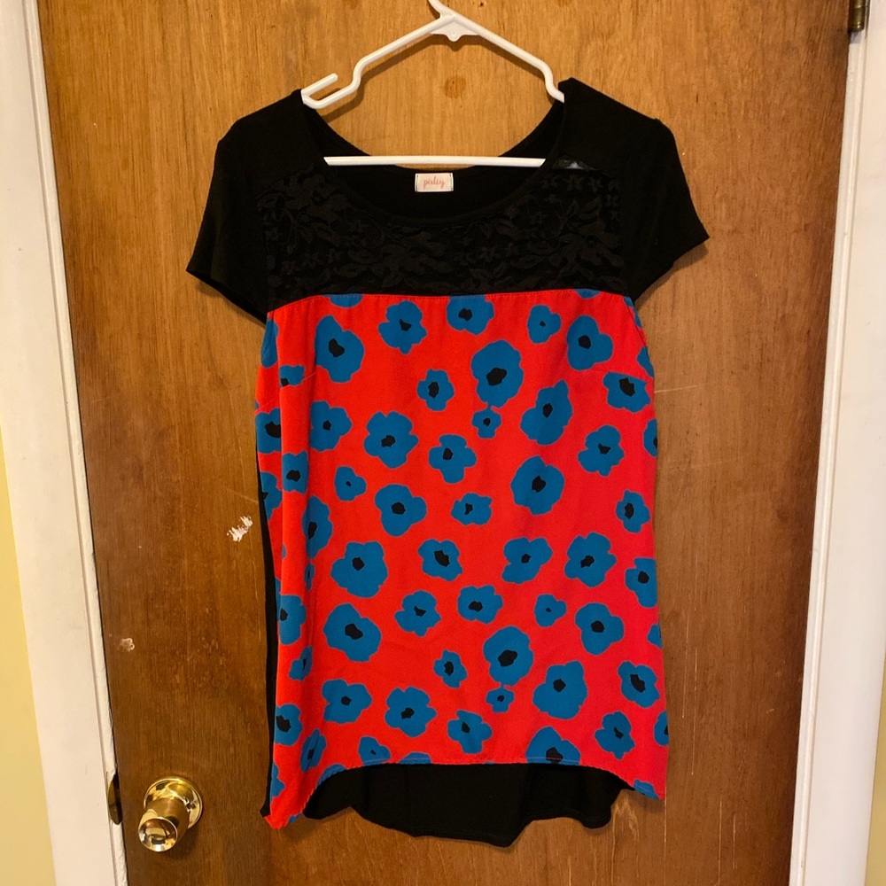 Short sleeve mixed fabric blouse